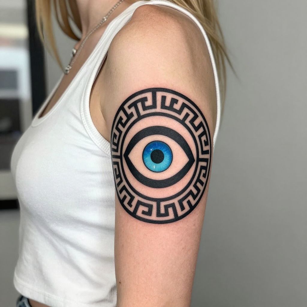 Greek Evil Eye with Meander Pattern tattoo idea