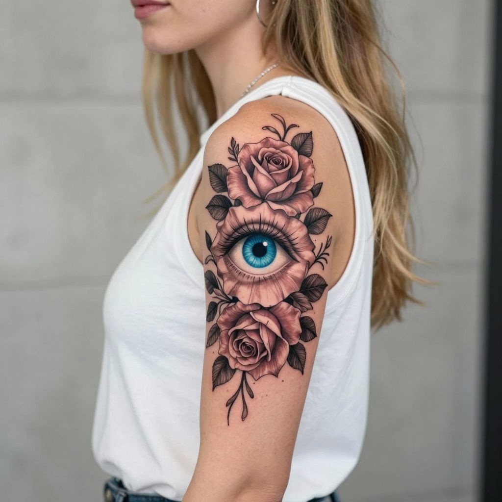 Evil Eye with Roses and Vines tattoo idea