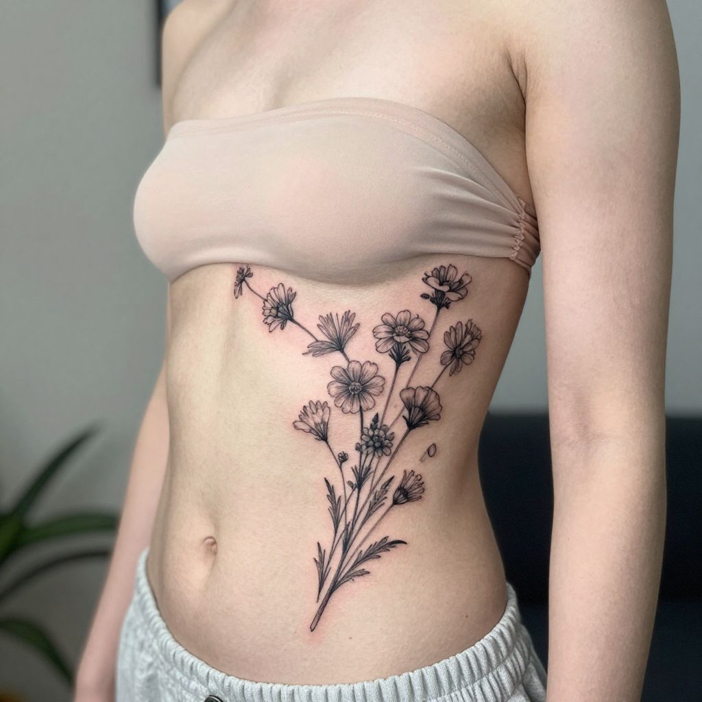 Ribcage Wildflower Spray tattoo placement idea
