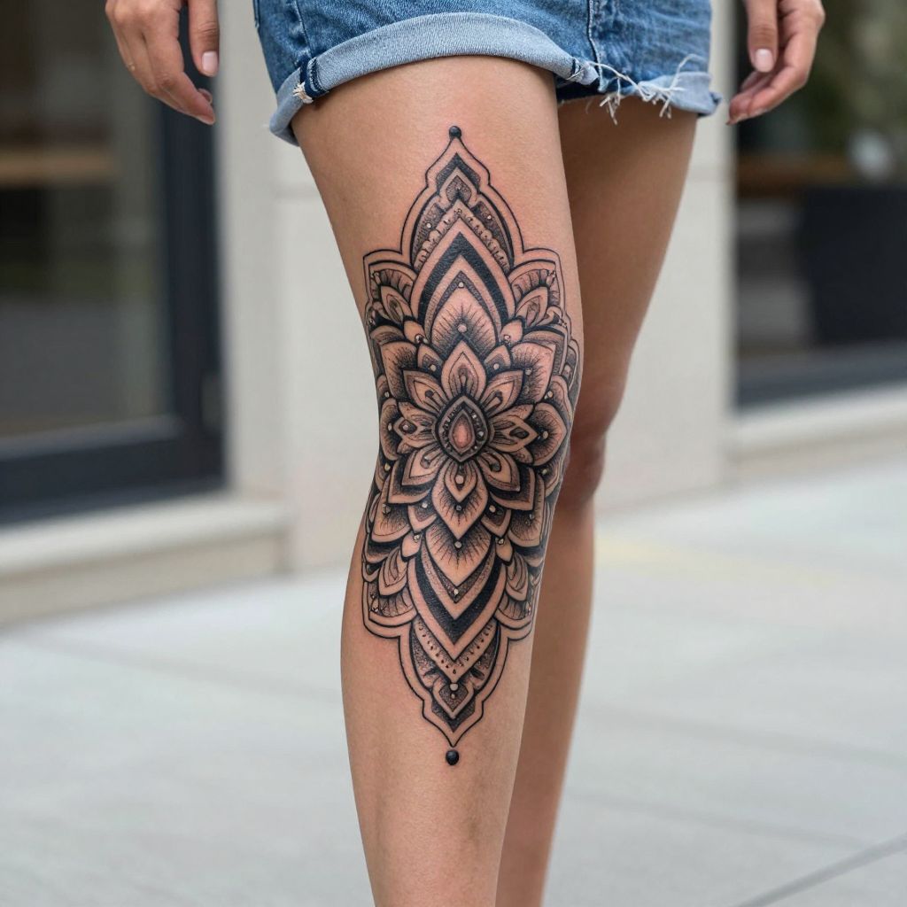 Thigh Ornamental Mandala tattoo placement idea