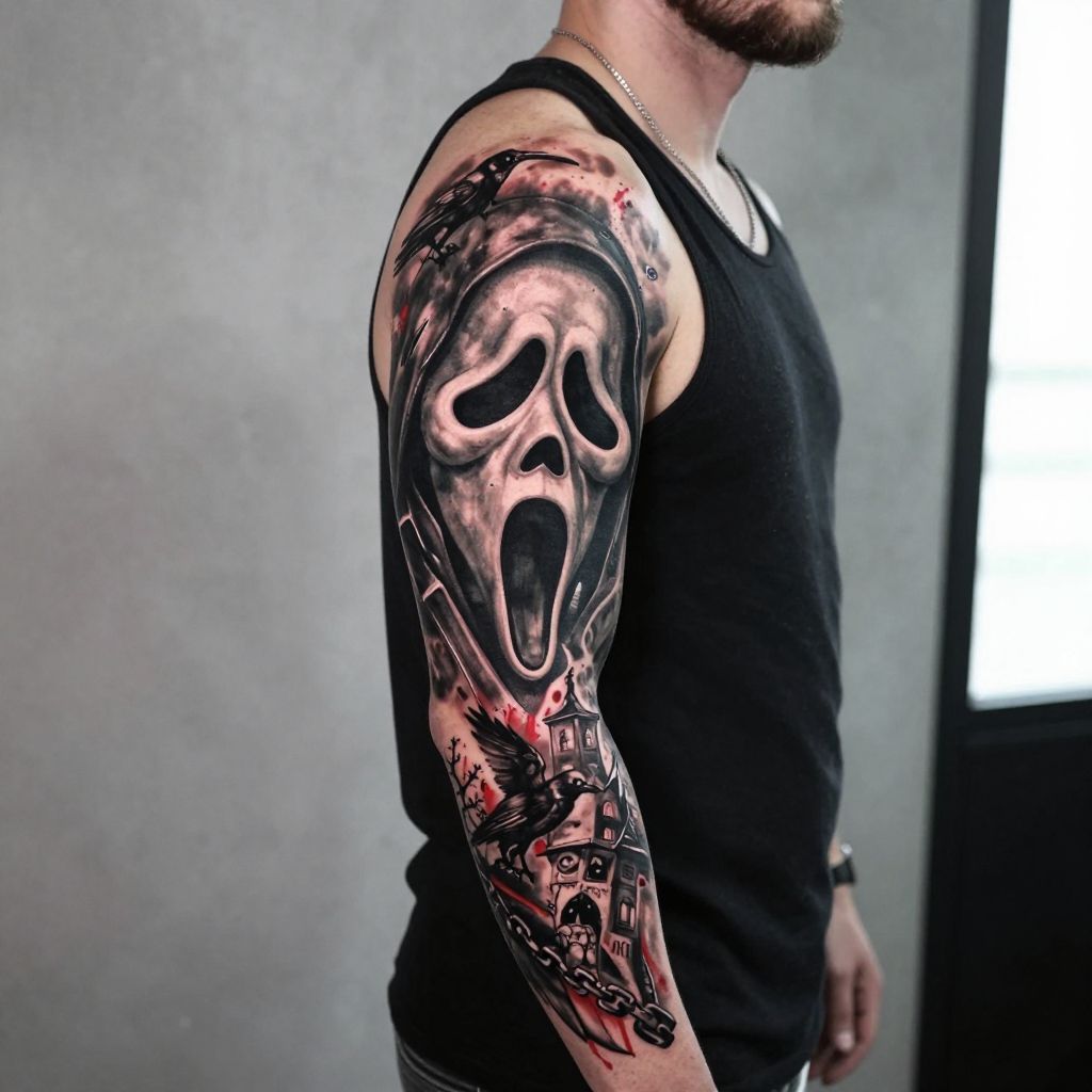 Ghostface in a Horror Collage tattoo idea