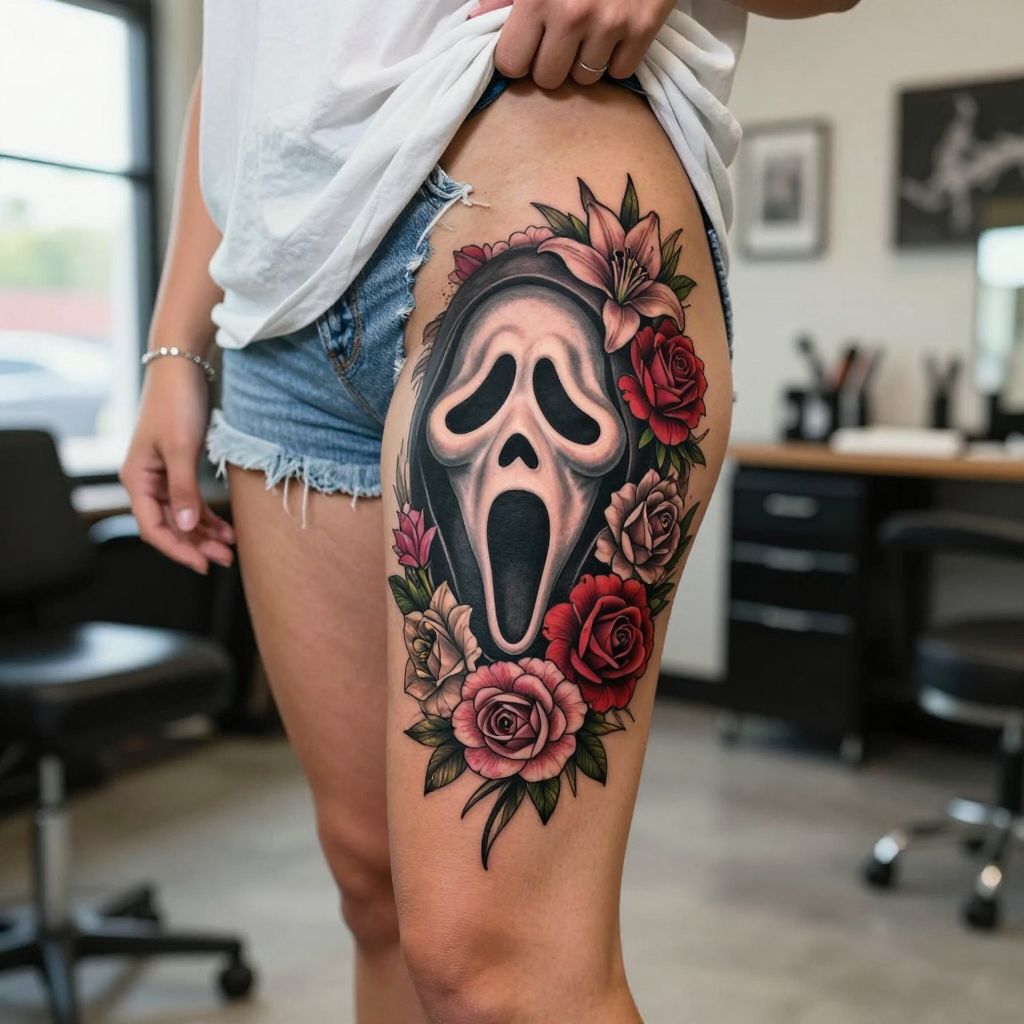 Ghostface with Floral Contrast tattoo idea
