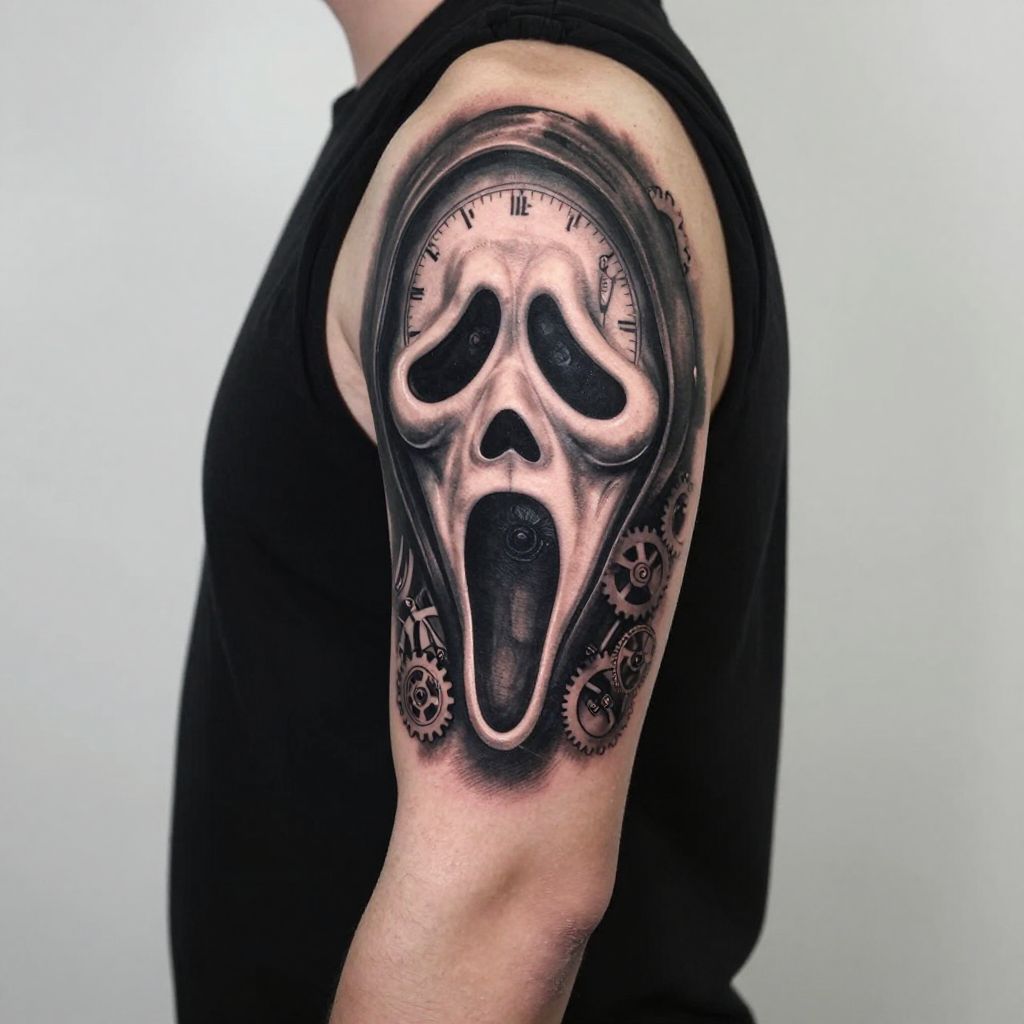 Ghostface with Clock Elements tattoo idea