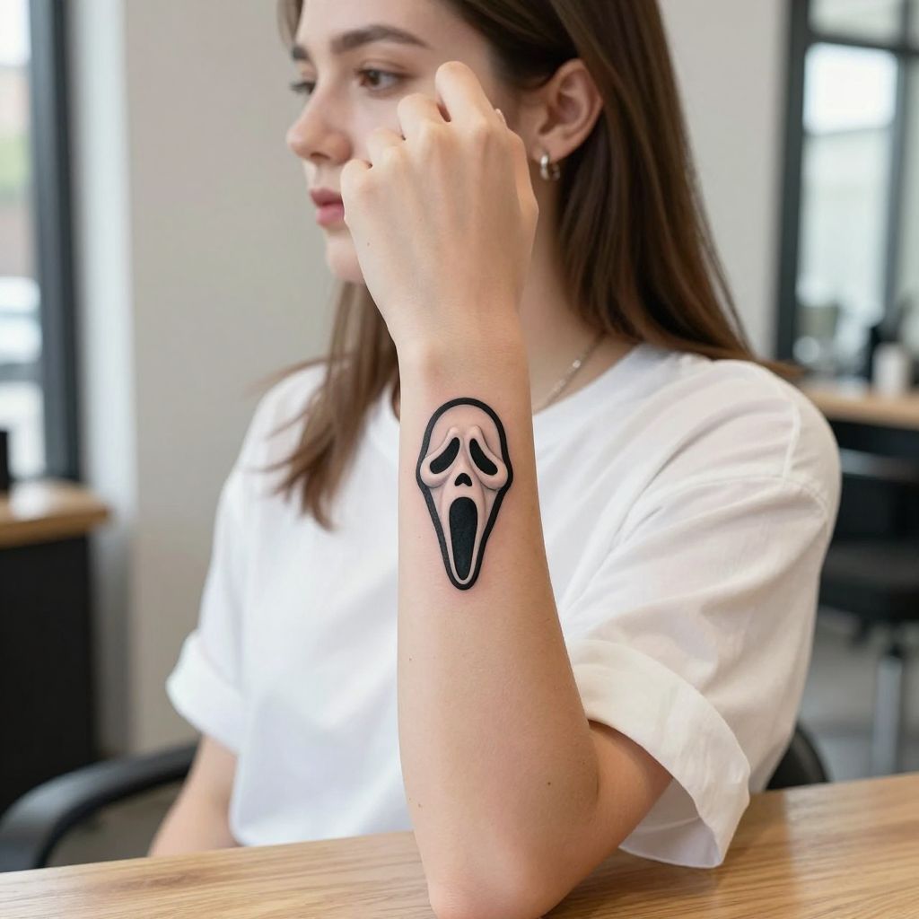 Small Ghostface Minimal tattoo idea