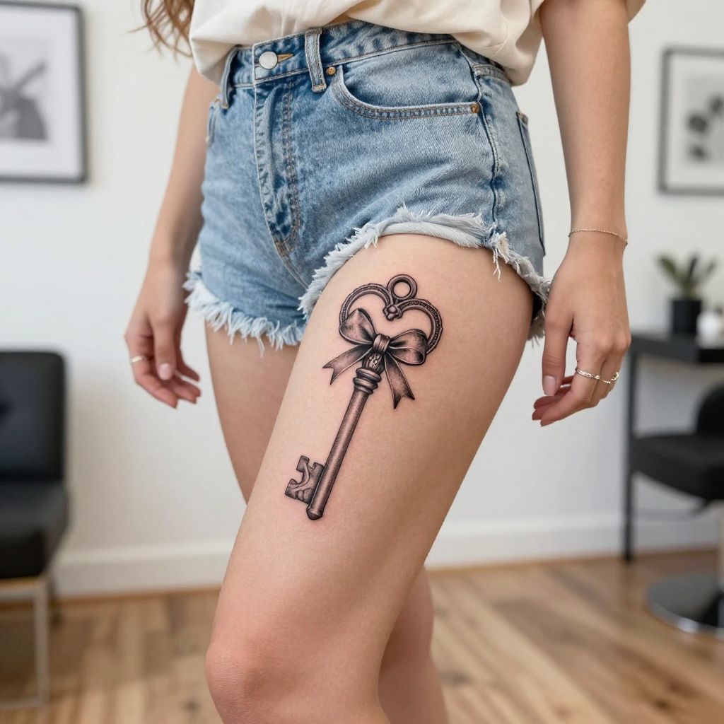 Vintage Key with Heart Bow on Thigh tattoo idea