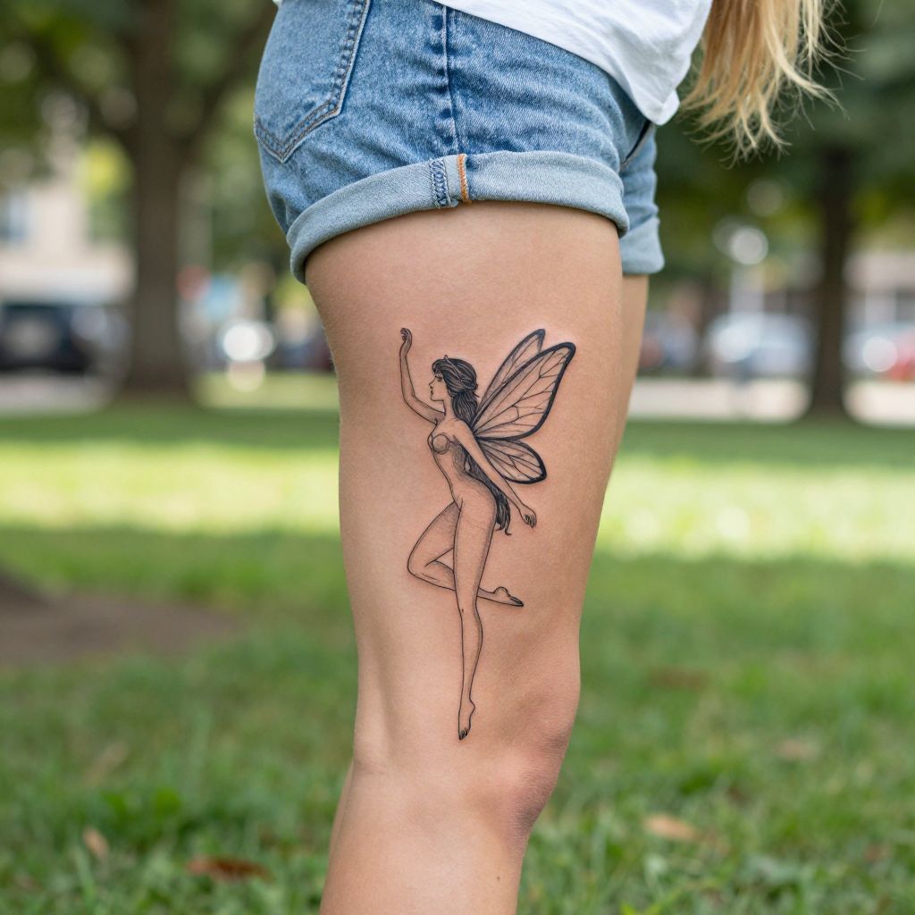 Whimsical Fairy Outline on Calf tattoo idea