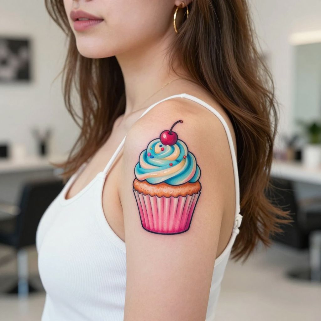 Cute Cupcake on Shoulder Blade tattoo idea