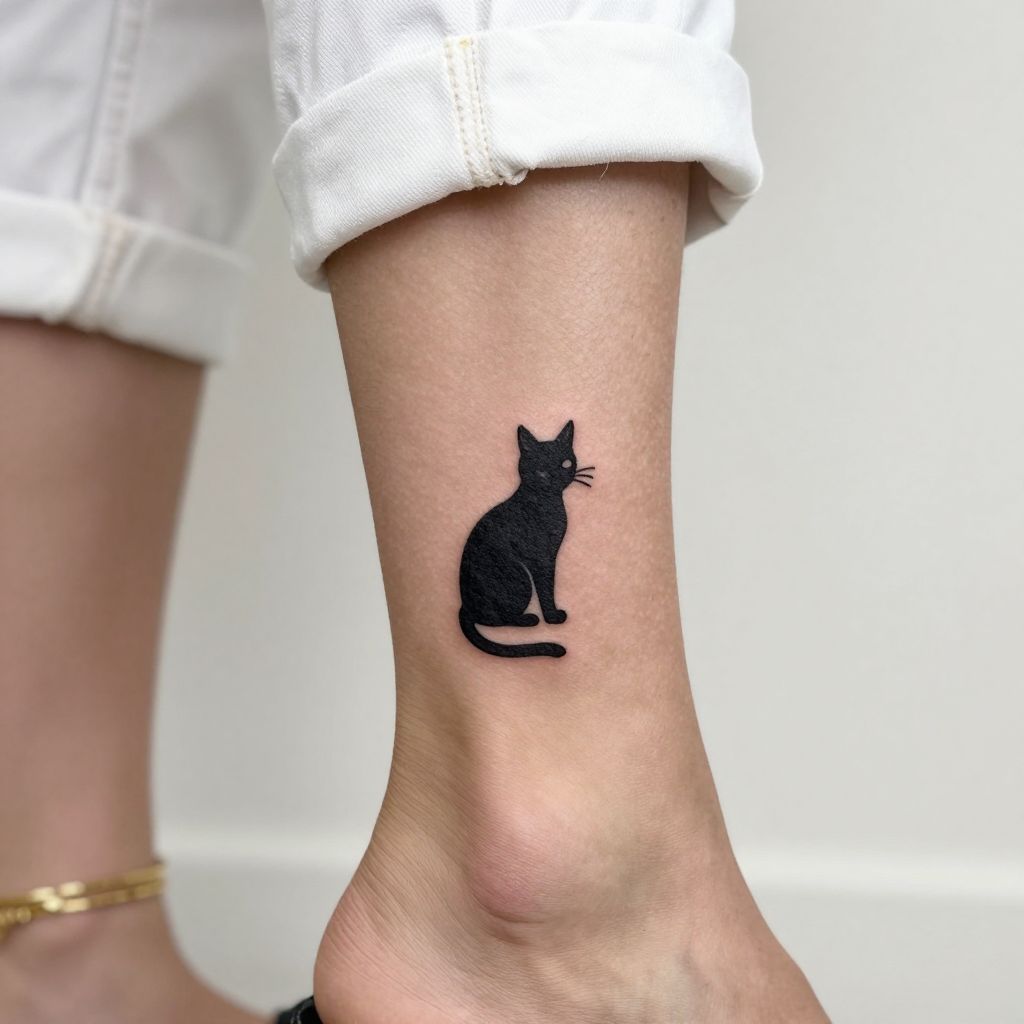 Cute Cat Silhouette Ankle Tattoo idea