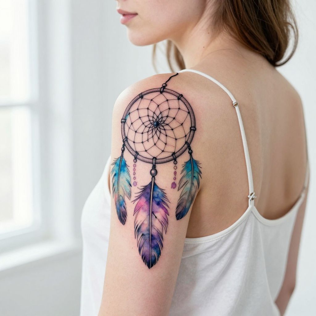 Watercolor Dreamcatcher on Back Shoulder tattoo idea