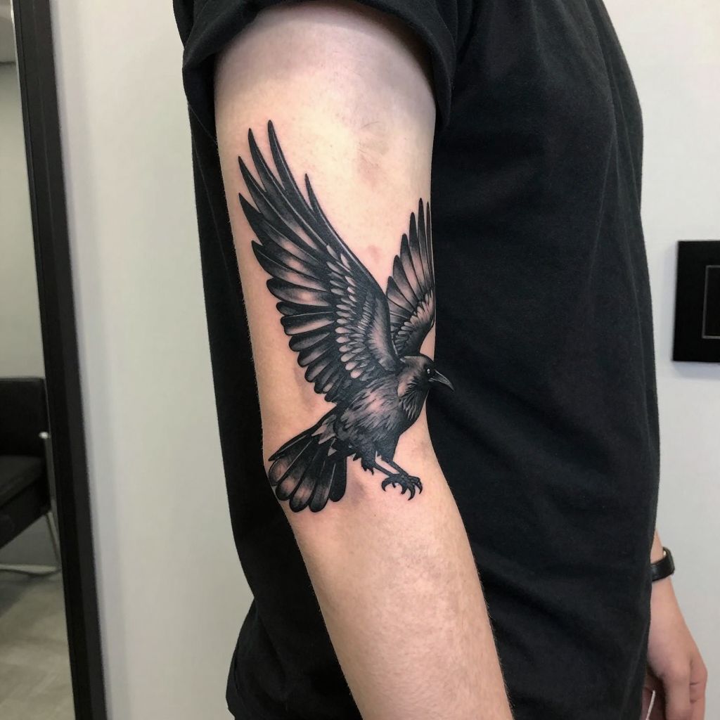 Raven in Flight Tattoo