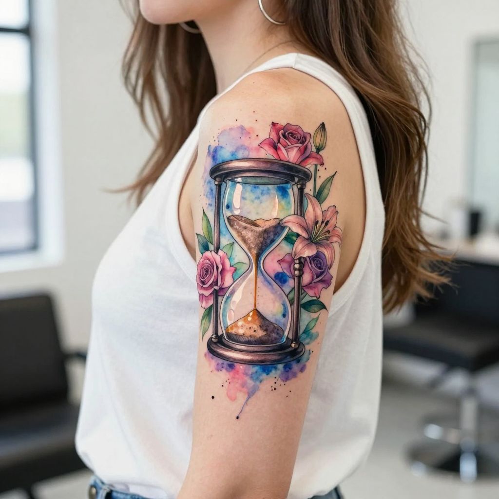 Watercolor Hourglass with Flowers