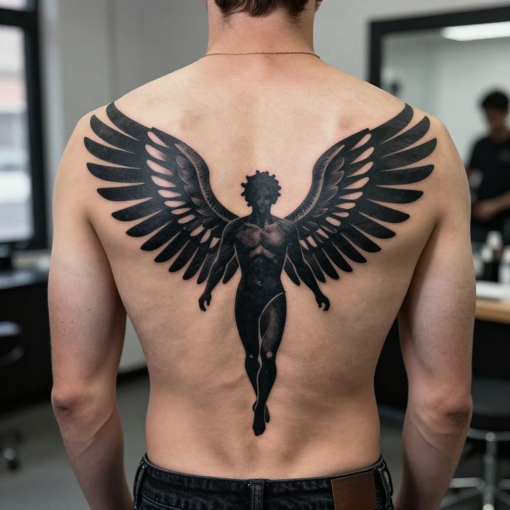 Blackwork Icarus with Bold Solid Shapes