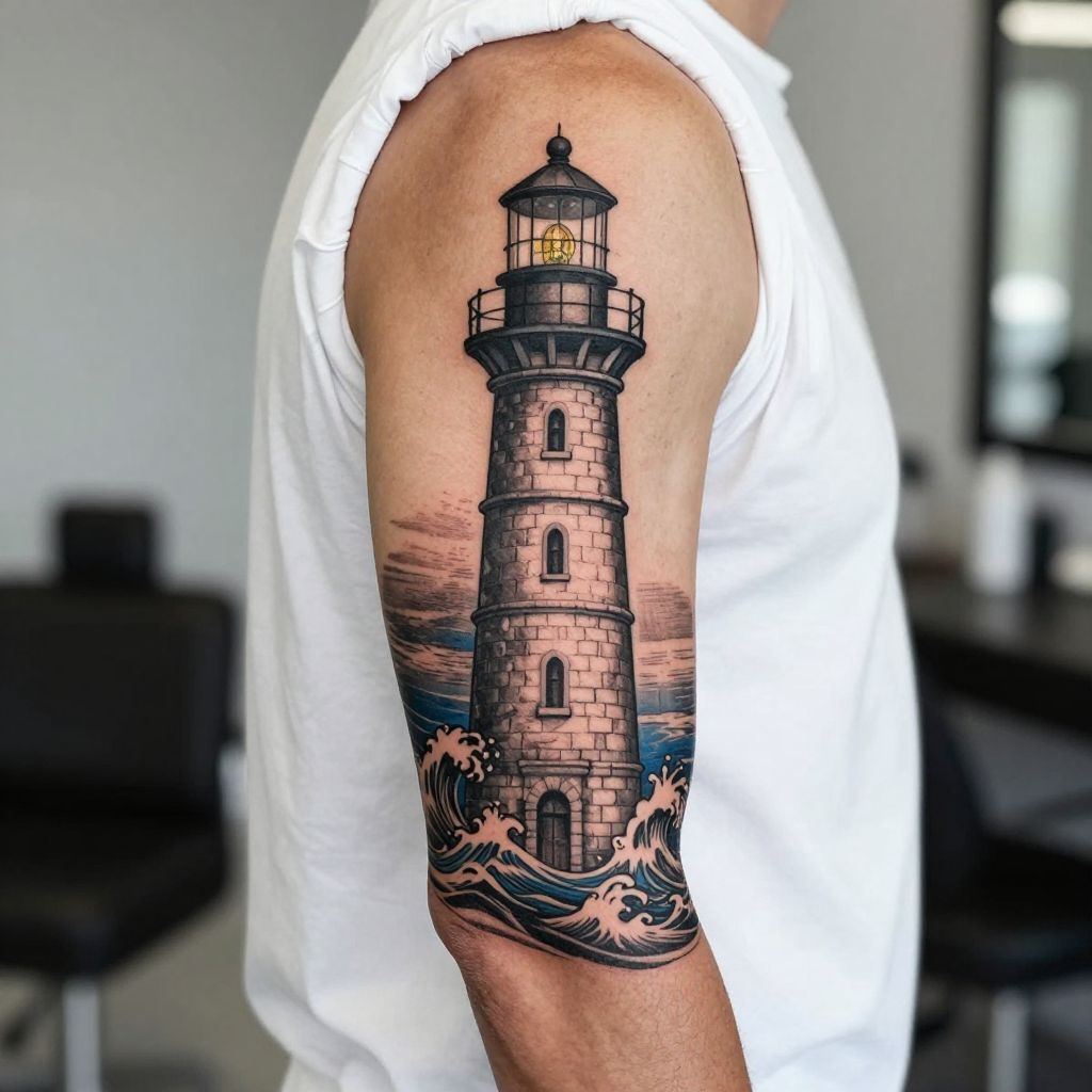 Classic Nautical Lighthouse with Waves
