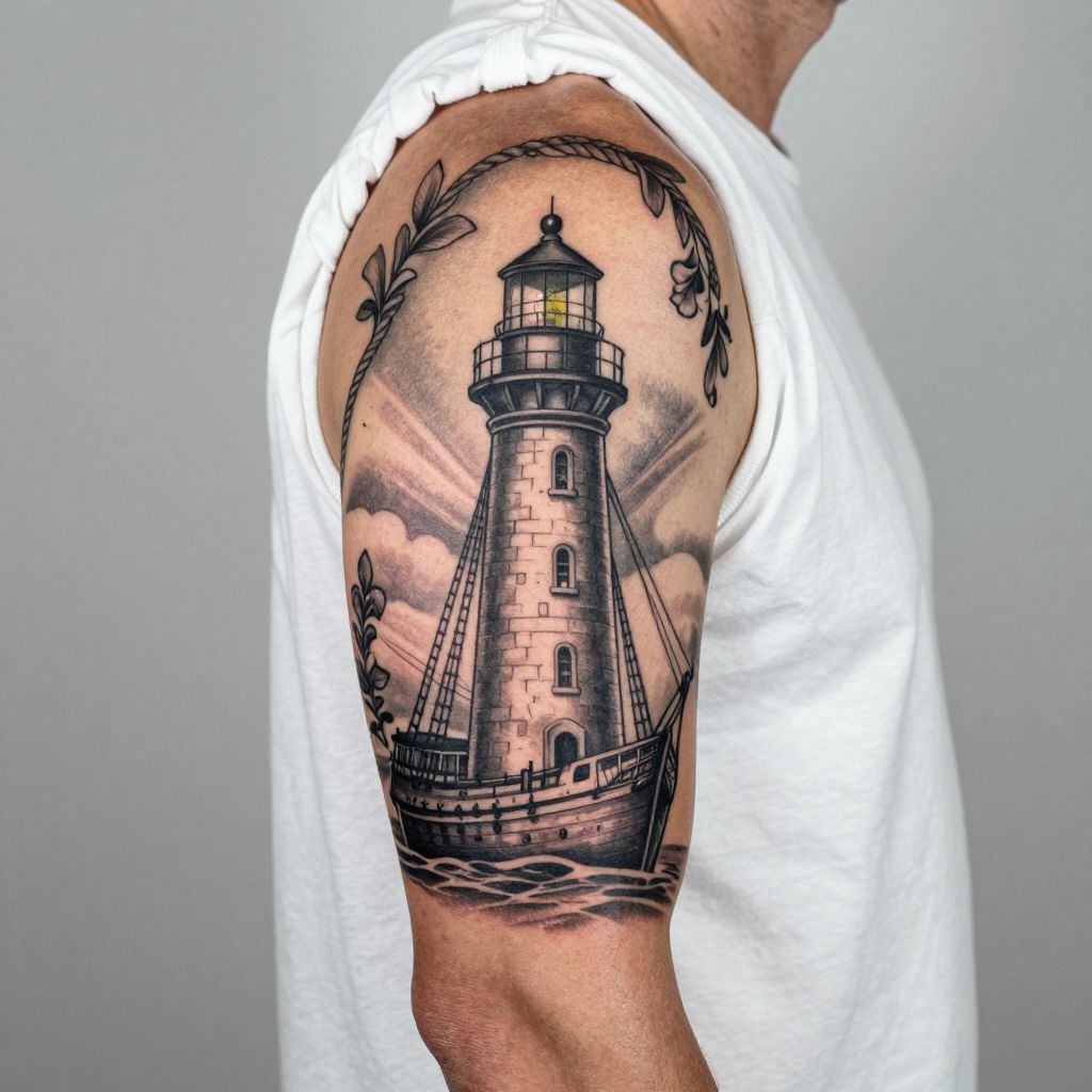 Vintage Lighthouse with Ship