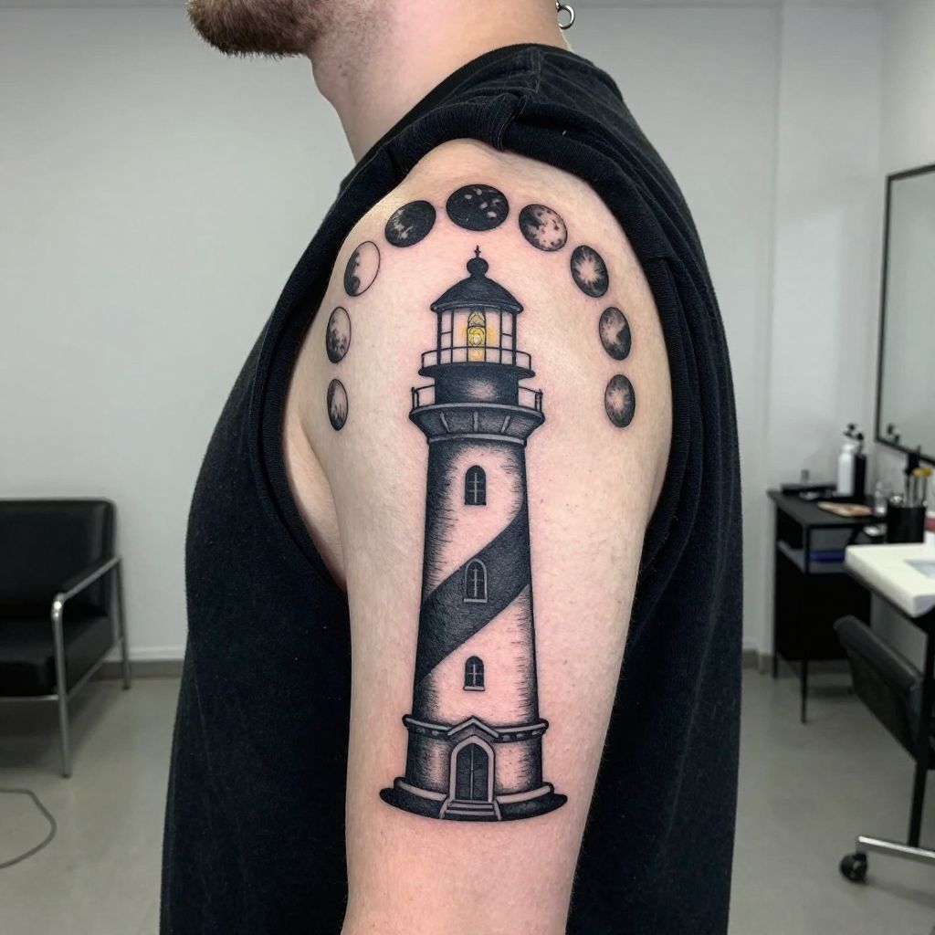 Blackwork Lighthouse with Moon Phases