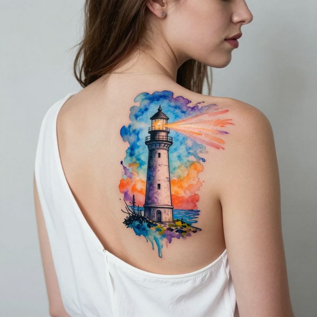 Watercolor Lighthouse Splashed with Color
