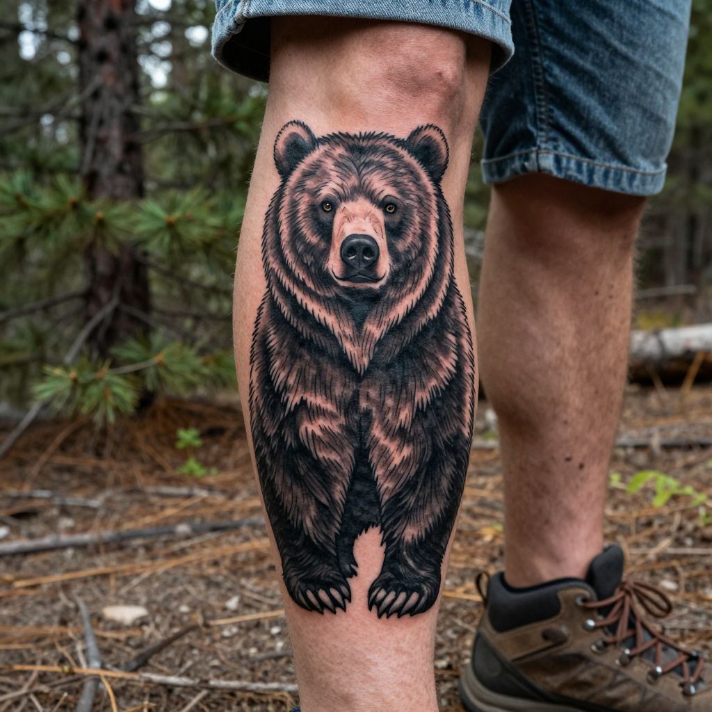 Grizzly Bear Front Thigh Tattoo