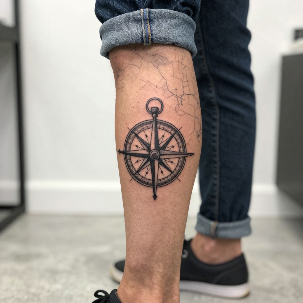 Compass And Map Linework Tattoo