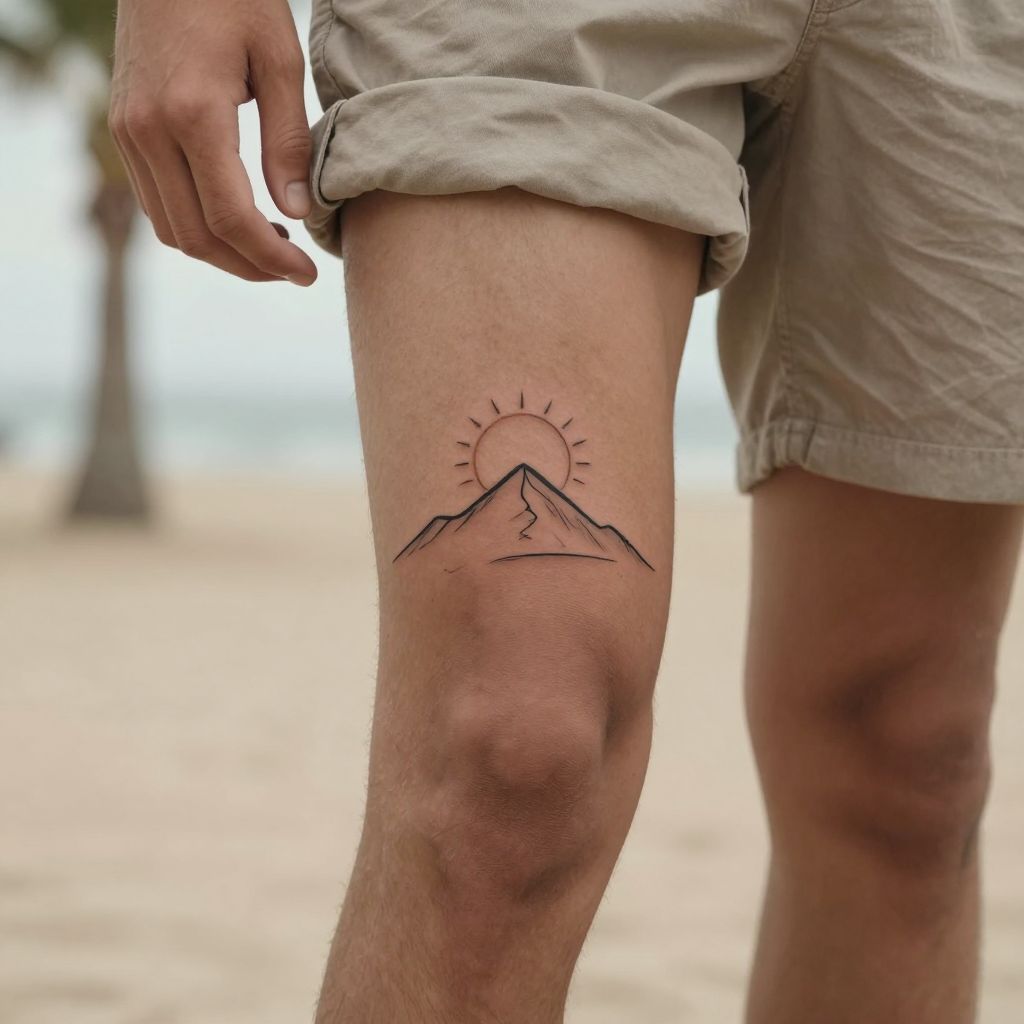 Minimalist Mountain And Sun Calf Tattoo