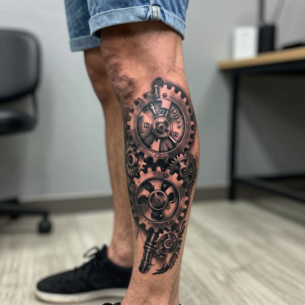 Mechanical Gear And Clockwork Calf Tattoo