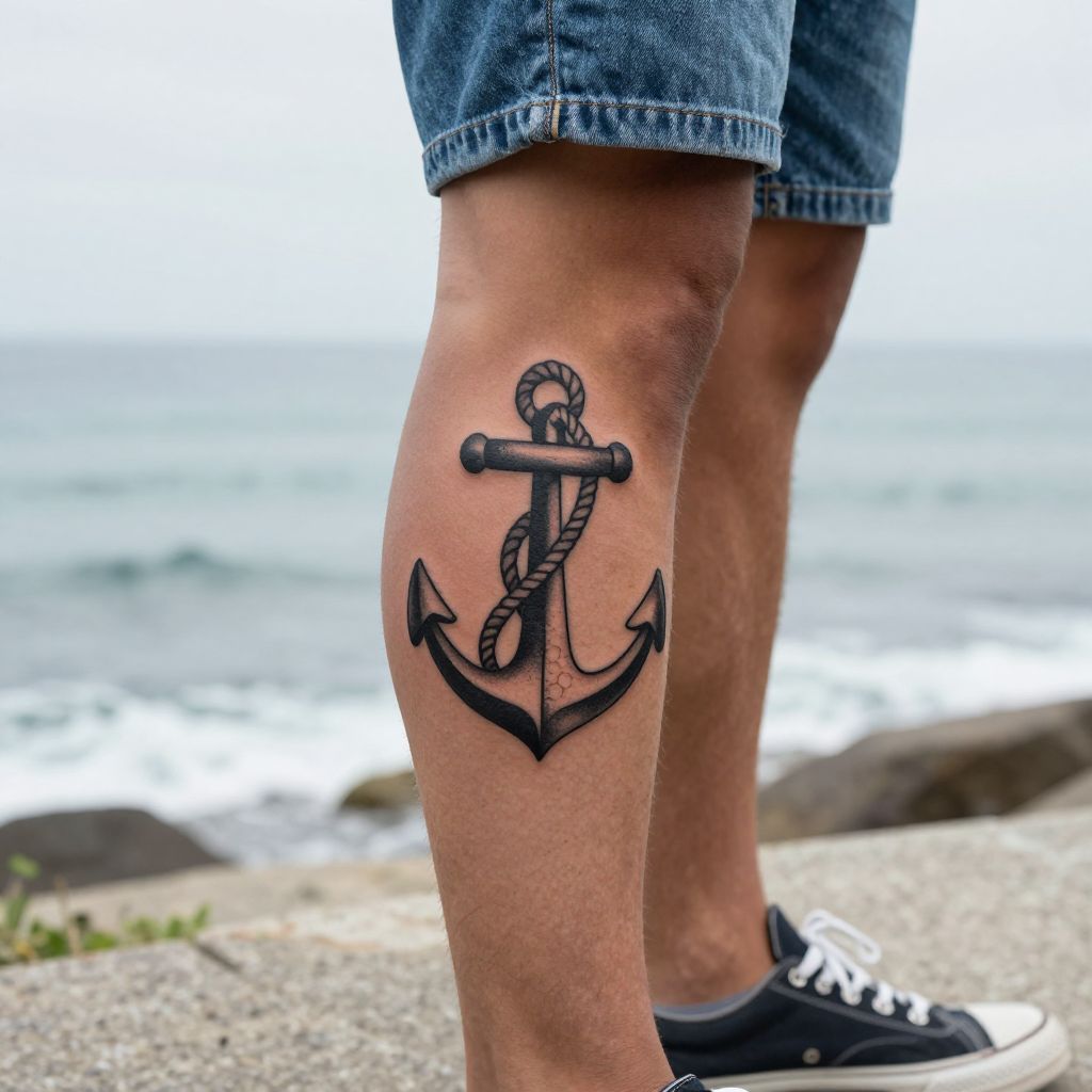 Anchor And Rope Side Calf Tattoo