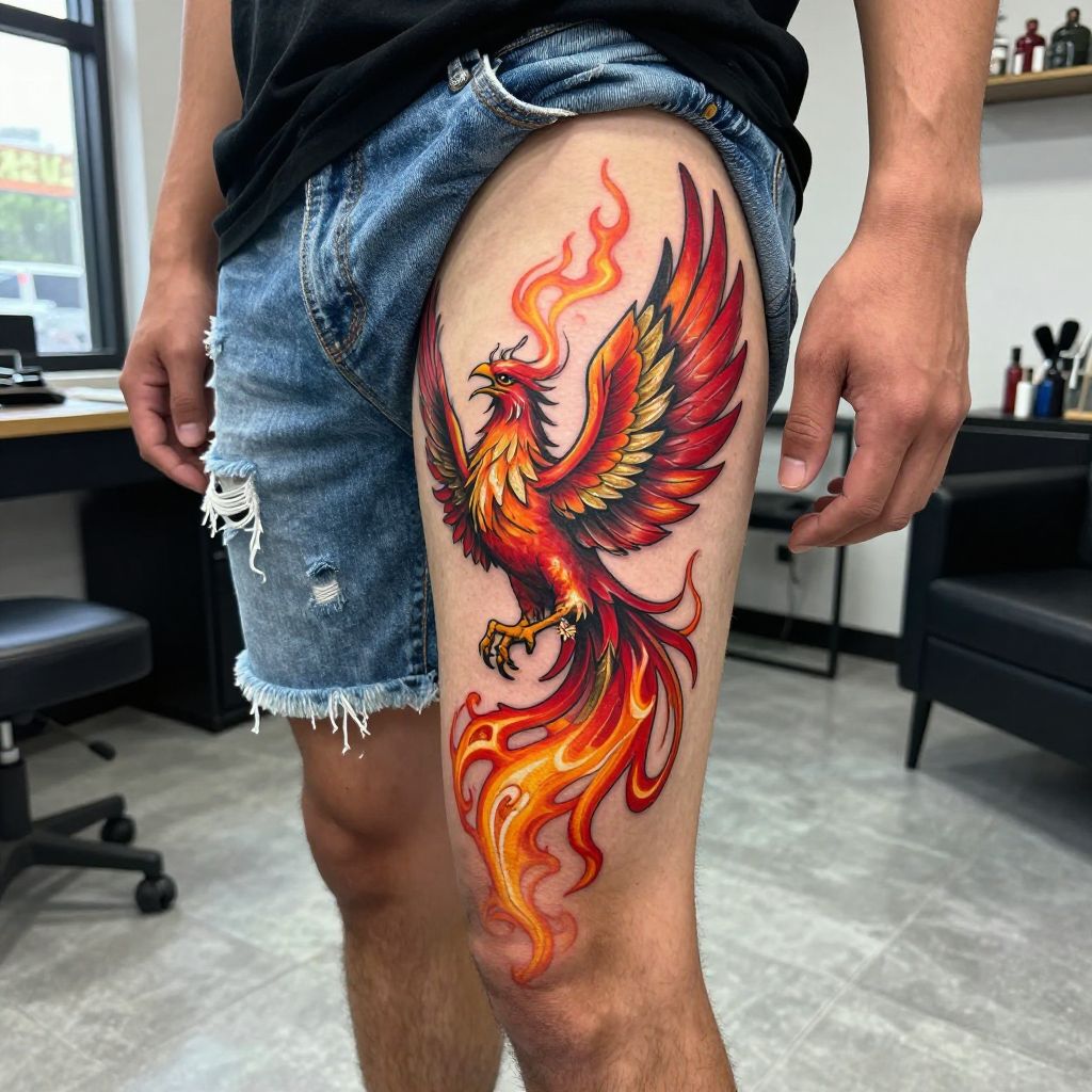 Phoenix Flame Thigh Tattoo