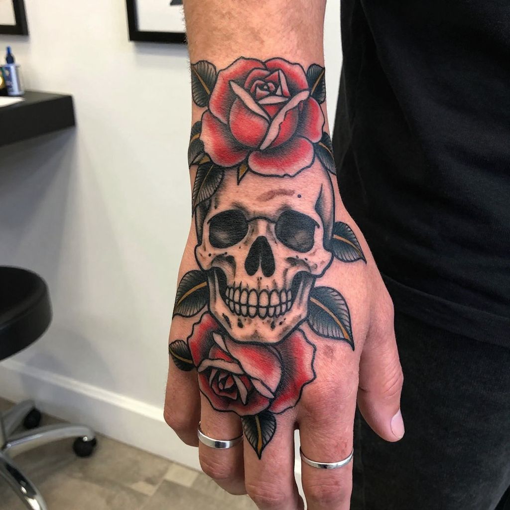 Mens hand tattoo ideas - The Classic Skull With Roses