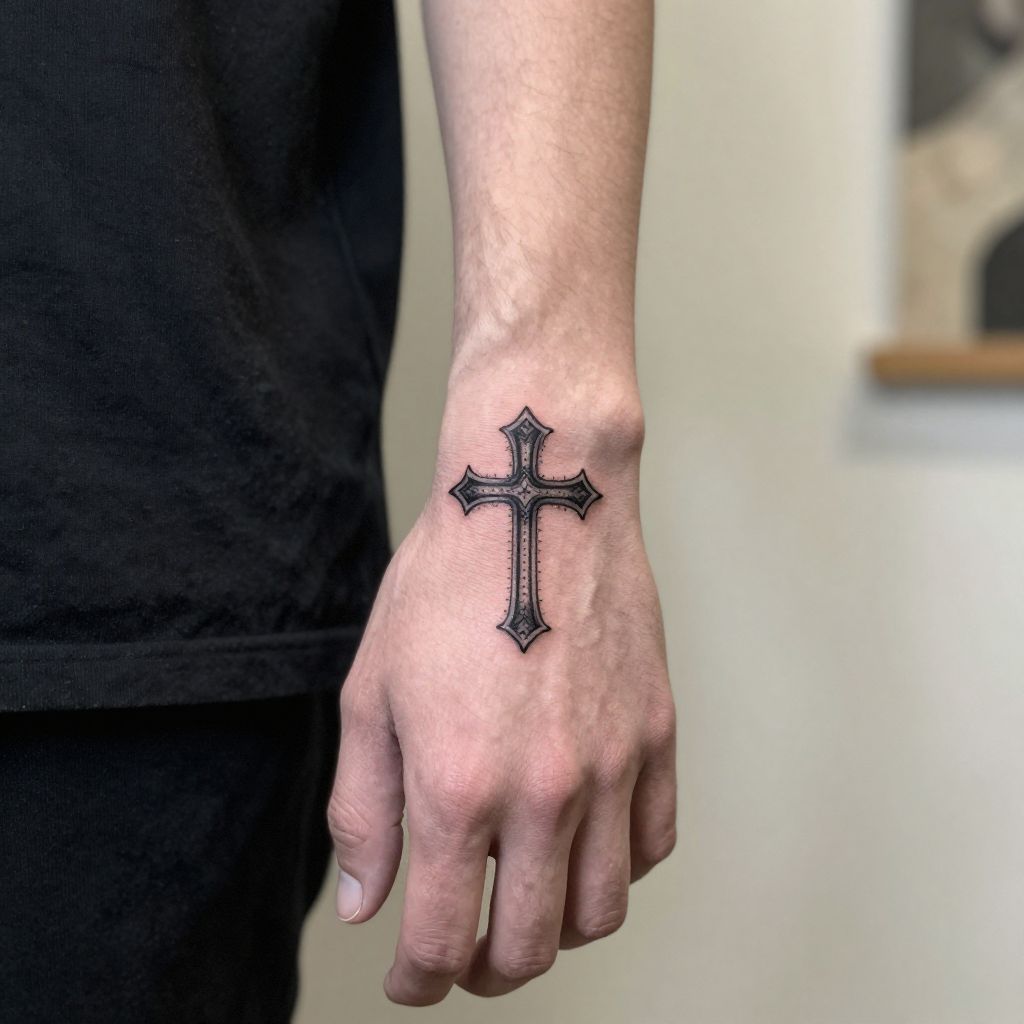 Mens hand tattoo ideas - Gothic Cross on Middle Finger