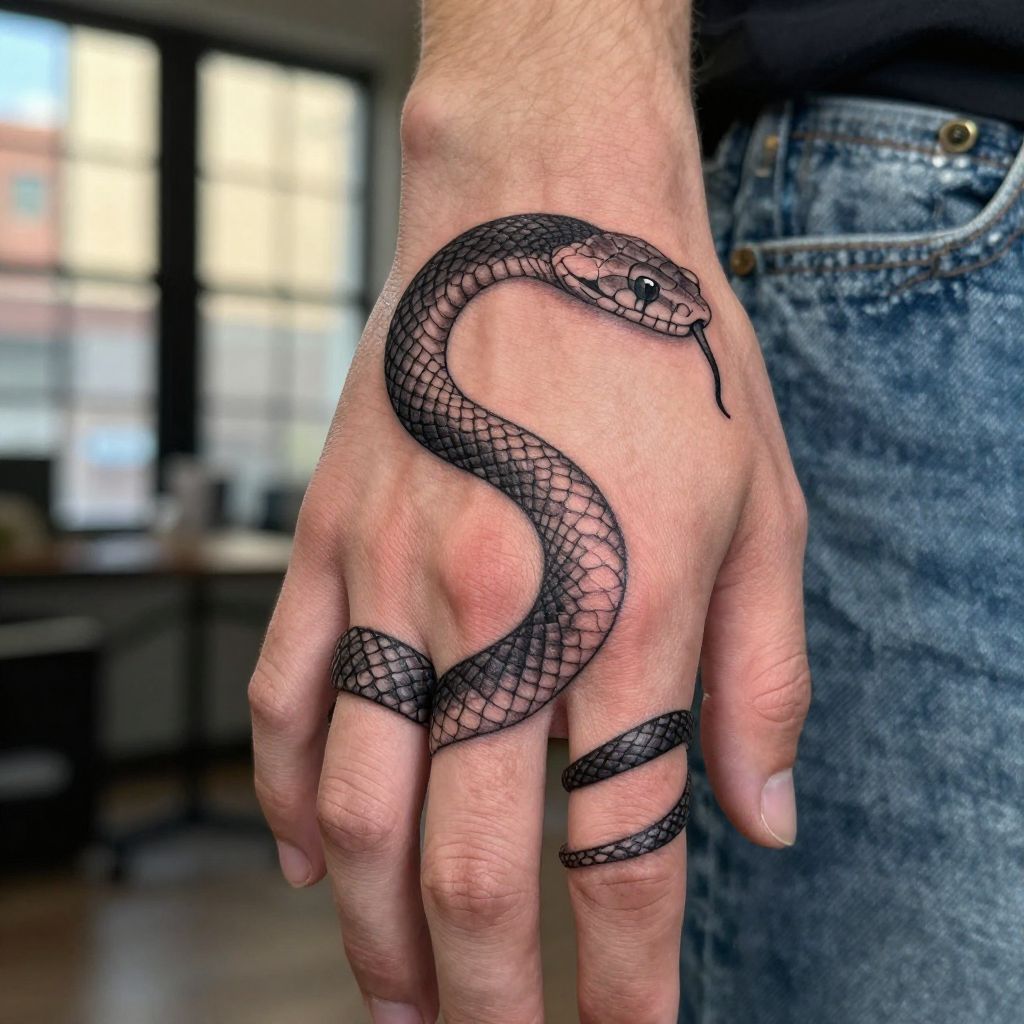 Mens hand tattoo ideas - Snake Wrapped Around Fingers