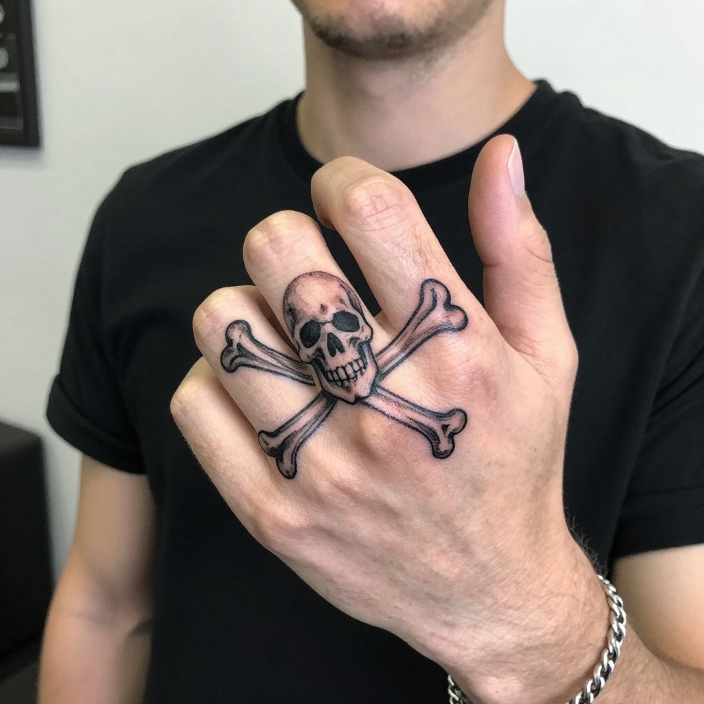 Mens hand tattoo ideas - Skull and Crossbones on Fingers