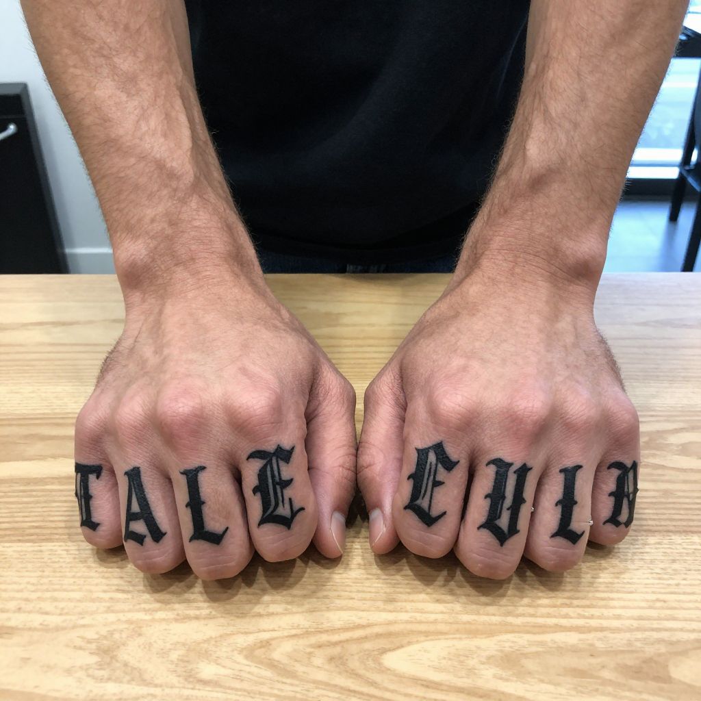 Mens hand tattoo ideas - Script Lettering Across Knuckles