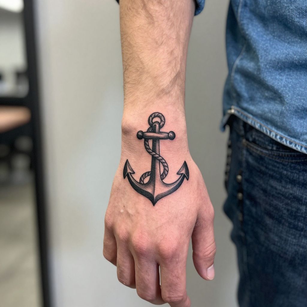 Mens hand tattoo ideas - Traditional Anchor on Thumb