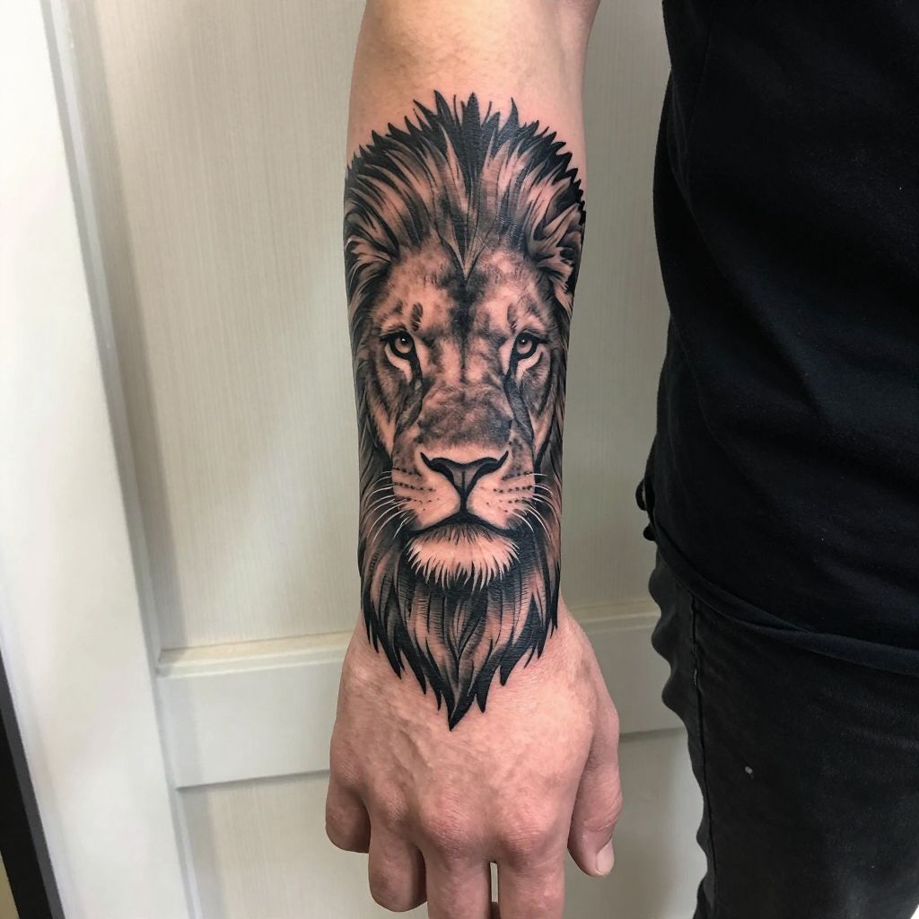 Mens hand tattoo ideas - Fierce Lion Face