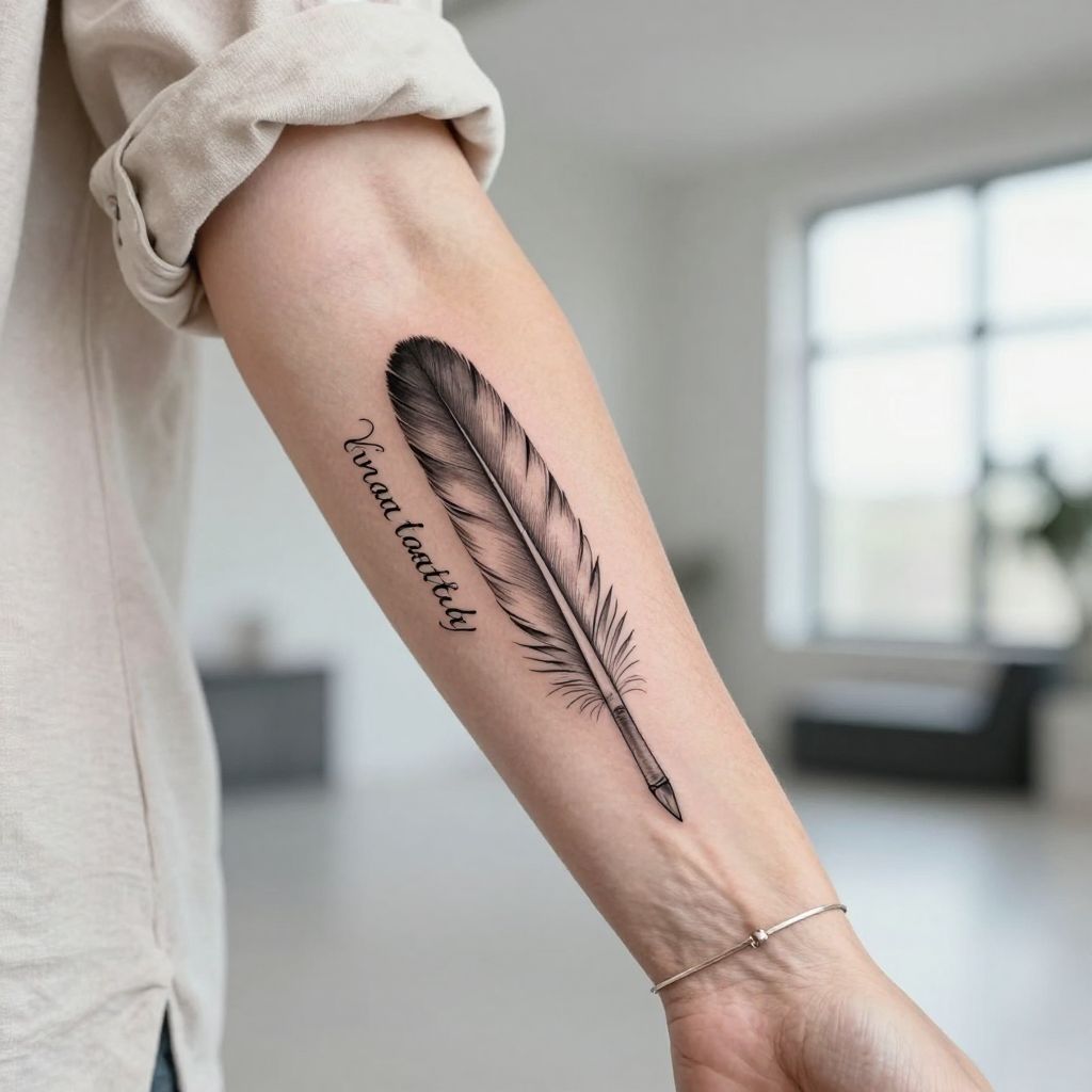 Feather Quill and Script tattoo