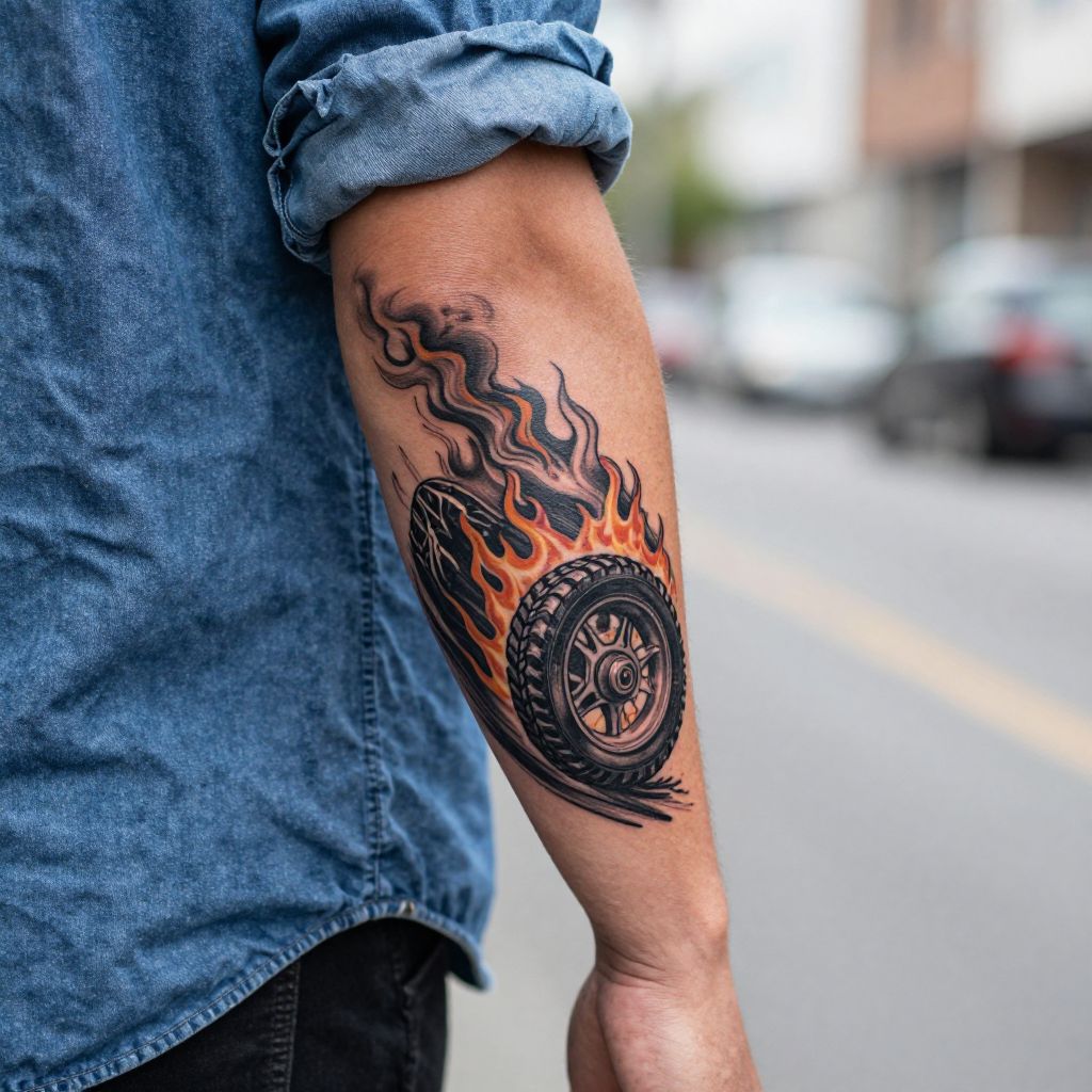 motorcycle tattoo ideas flaming tire skid mark