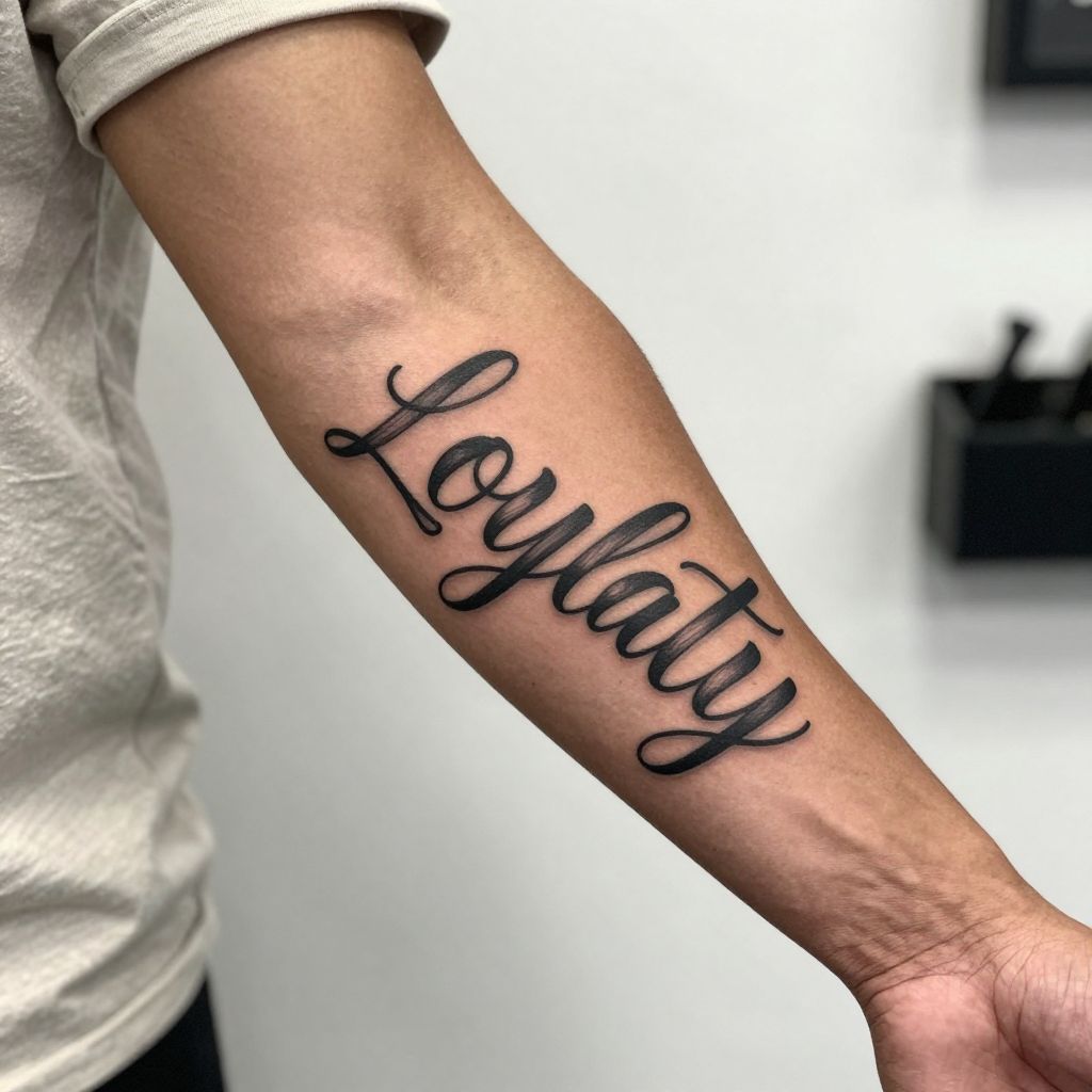 Bold script name tattoo across the forearm for men