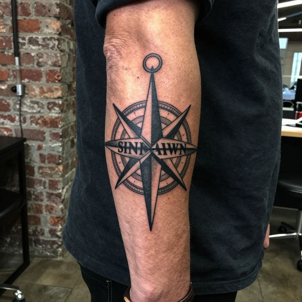 Name in a compass style layout tattoo for men