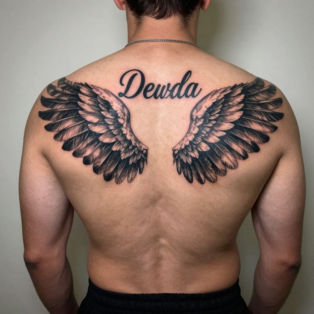 Name with angel wings on upper back tattoo for men