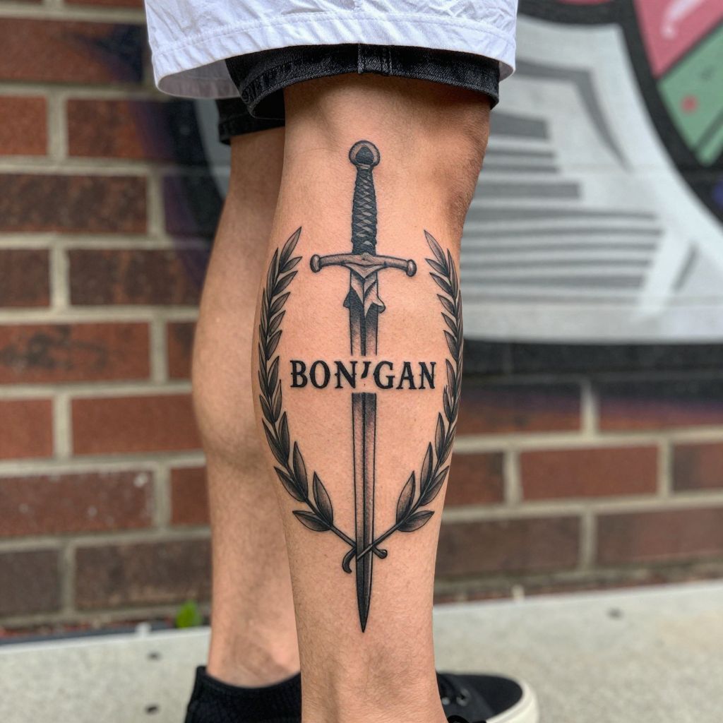 Name in sword and laurel composition tattoo for men