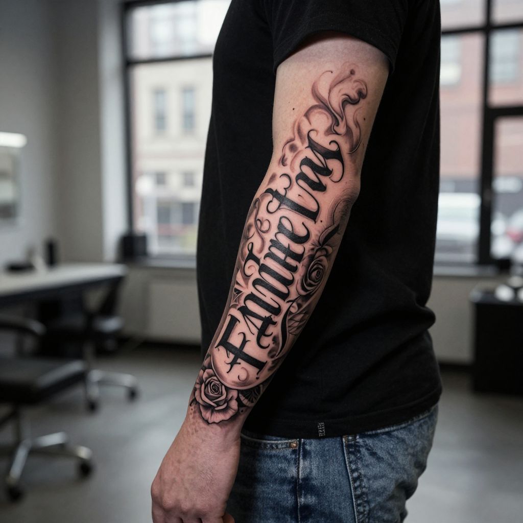 Family name in a sleeve focal point tattoo for men
