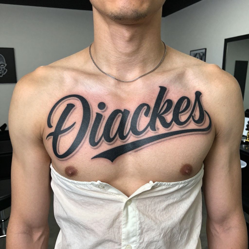 Cross chest name tattoo layout for men