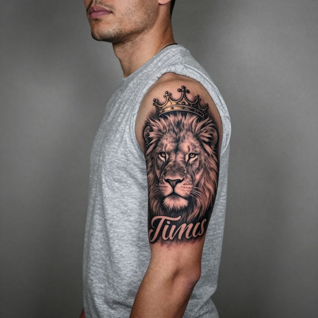 Name with lion and crown tattoo for men