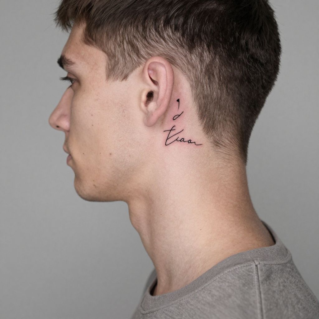 Small name behind the ear tattoo for men
