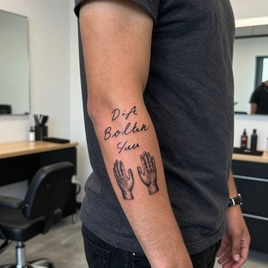 Childs name with birth date and hands tattoo for men