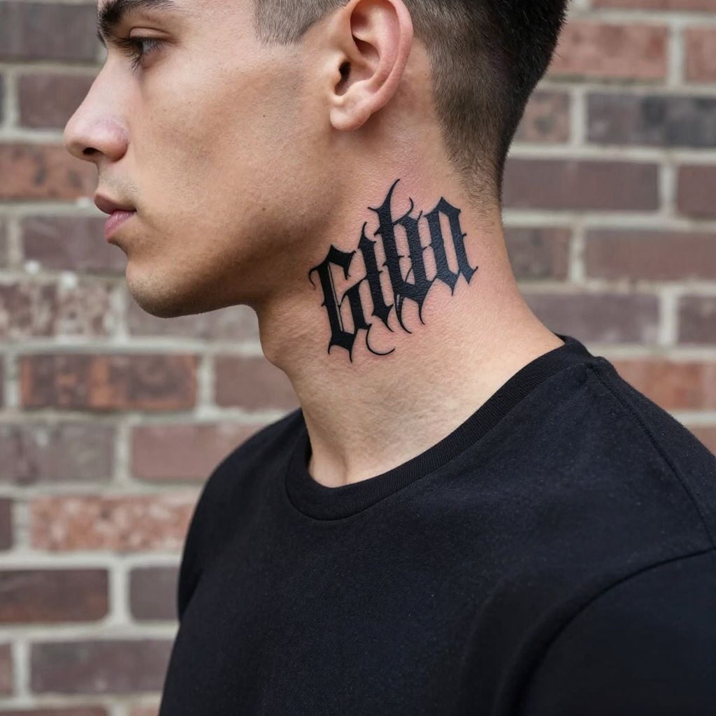 Name in gothic lettering on the neck tattoo for men