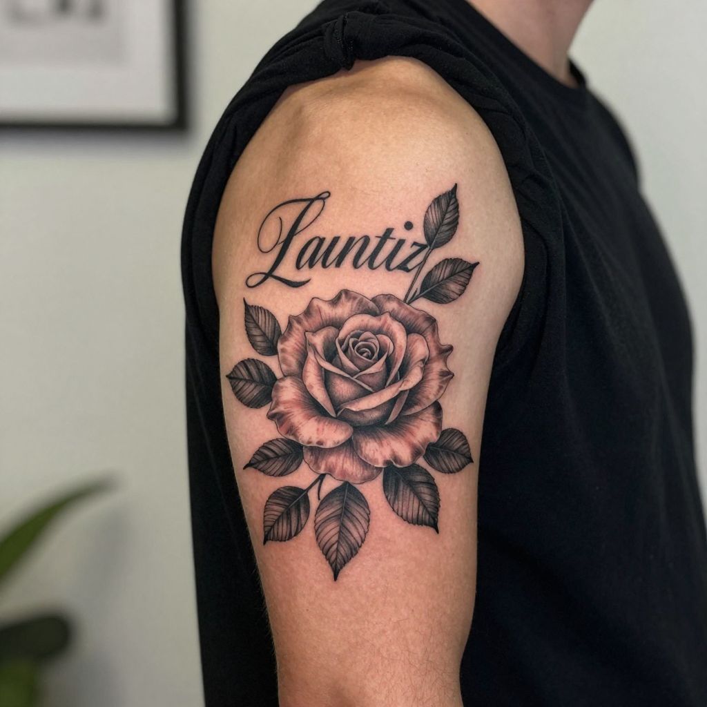 Name with rose and fine line leaves tattoo for men