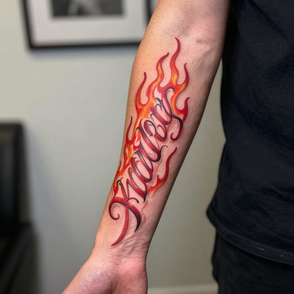 Red Flame Script tattoo idea