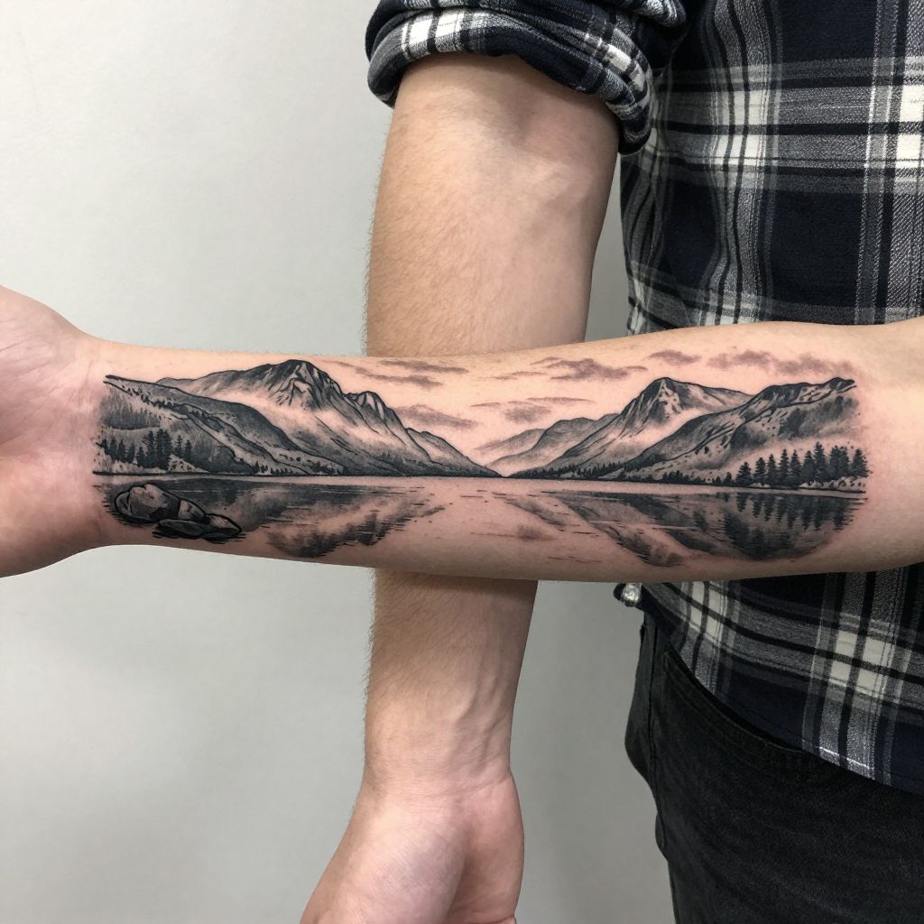 Loch and Mountain Landscape tattoo idea