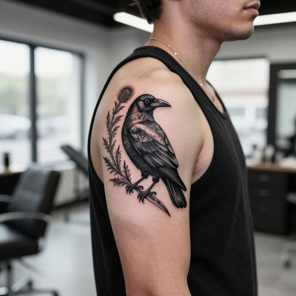 Raven and Thistle Composition tattoo idea