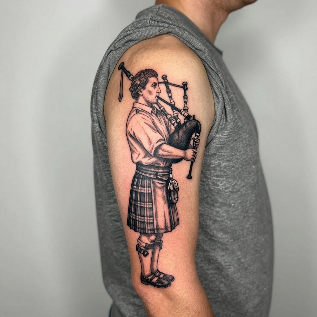 Bagpipe Player Linework tattoo idea